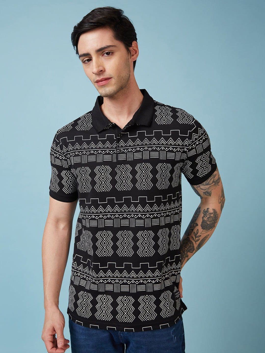 Status Quo Men Geometric Printed Polo Collar Regular Fit T-shirt - view 1