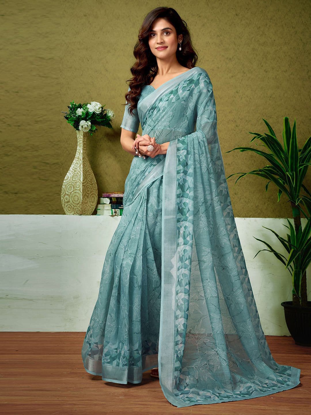 Sangria Tie & Dye Printed Pure Linen Ready To Wear Saree With Unstitched Blouse - view 1