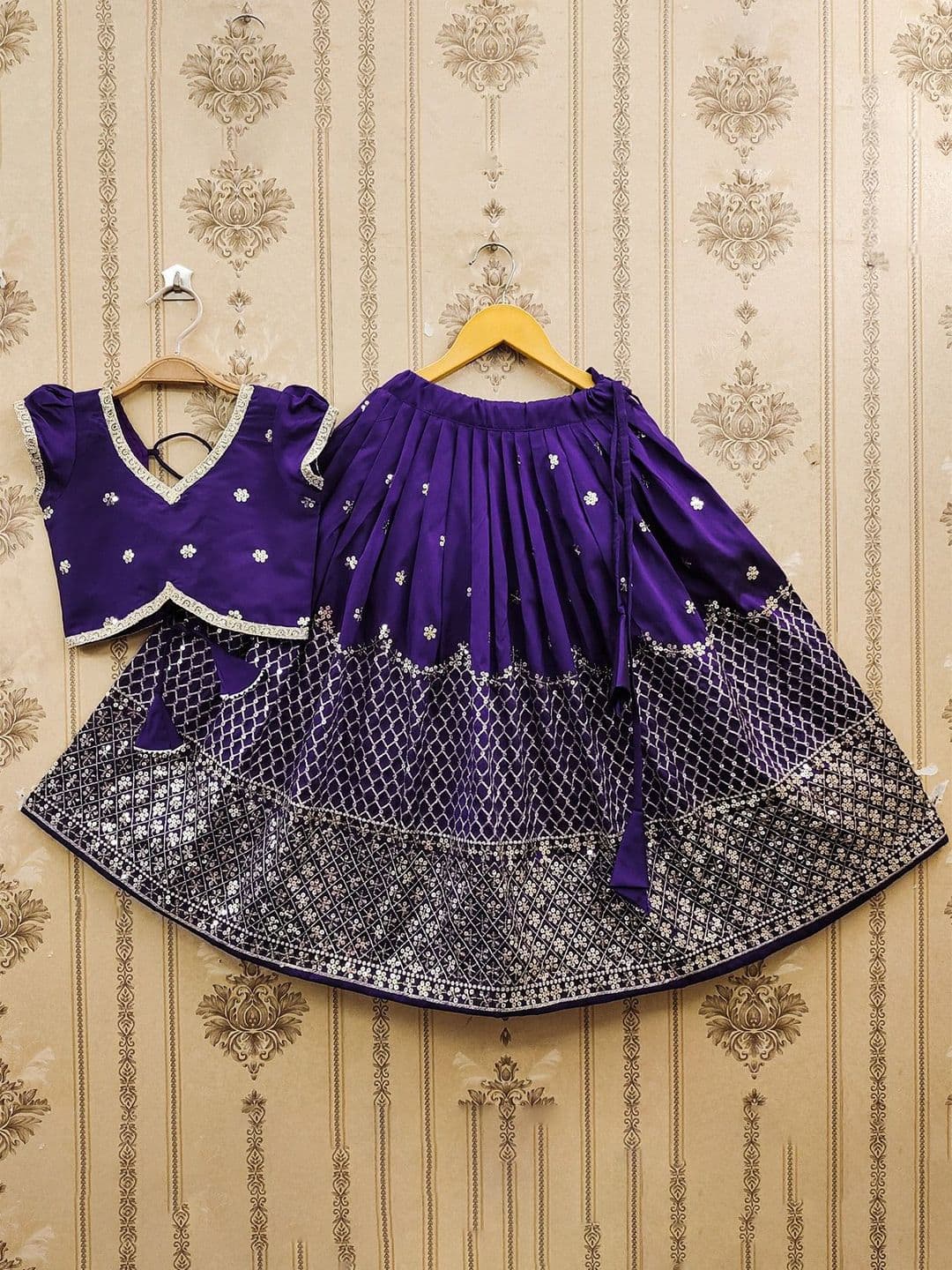 BAESD Girls Embroidered Sequinned Foil Print Ready to Wear Lehenga & - view 1