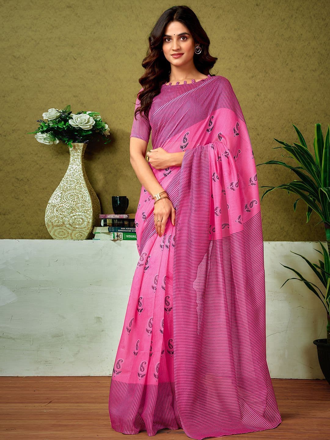 Sangria Striped Printed Ready To Wear Saree With Unstitched Blouse - view 1