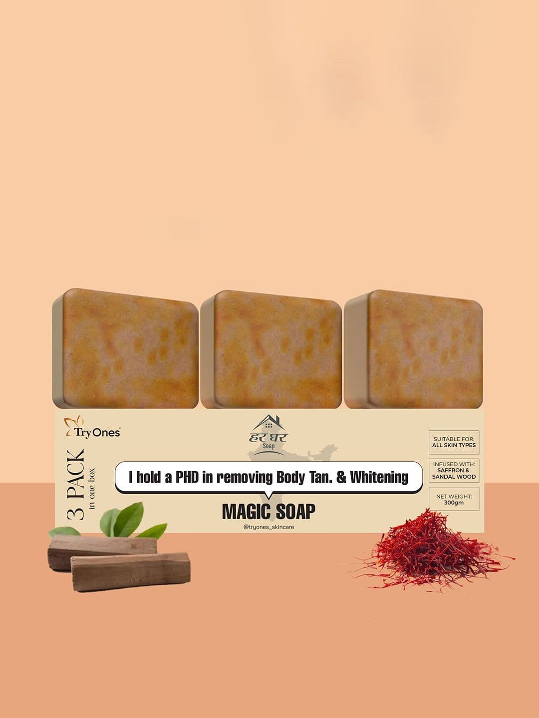 TRYONES Set Of 3 HarGhar Soap With Sandalwood & Saffron - 100 g Each - view 1