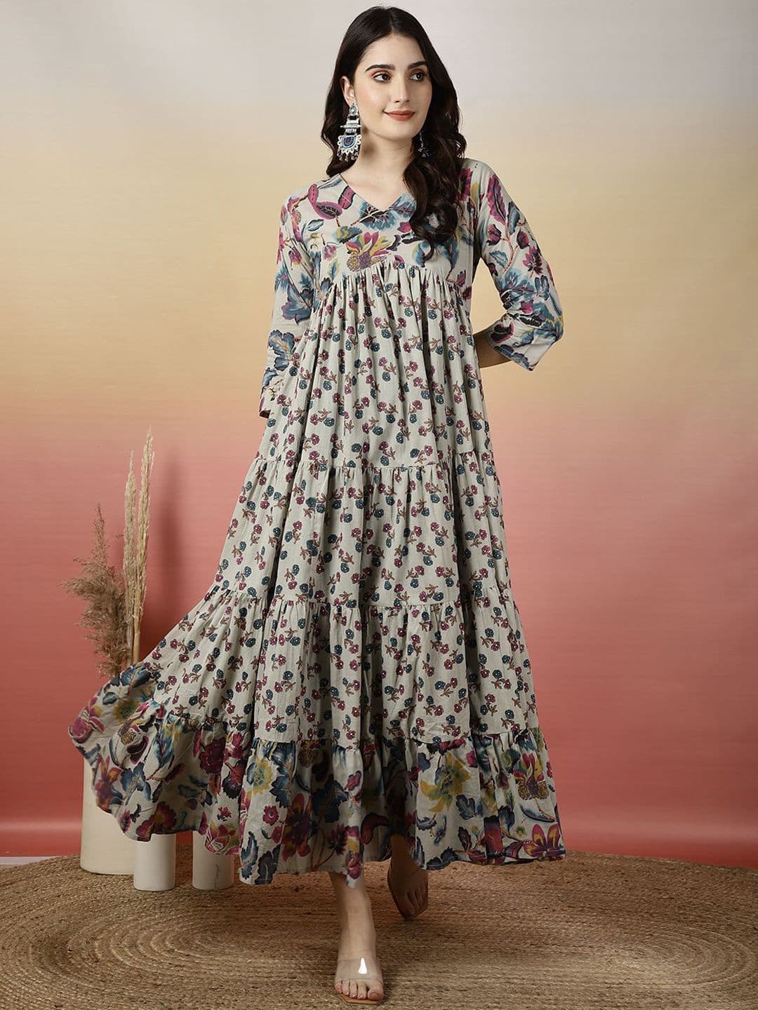 GLAM ROOTS Floral Printed Cotton Tiered Anarkali Kurta - view 1