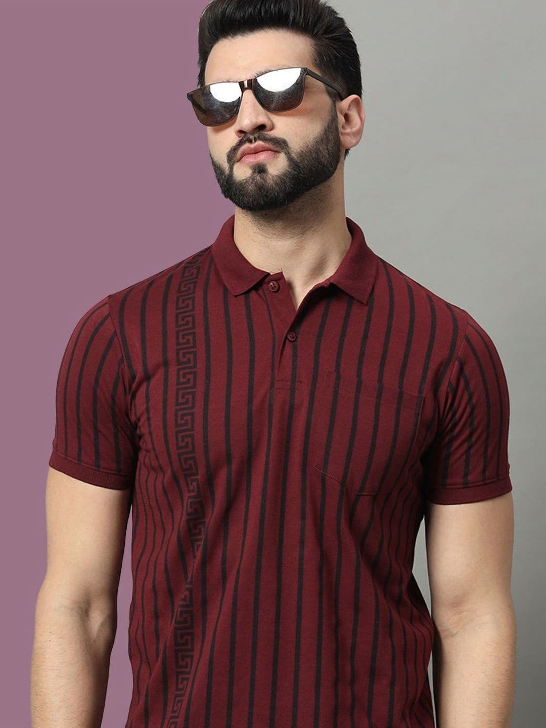 OGEN Men Striped Polo Collar Extended Sleeves Pockets T-shirt - view 1
