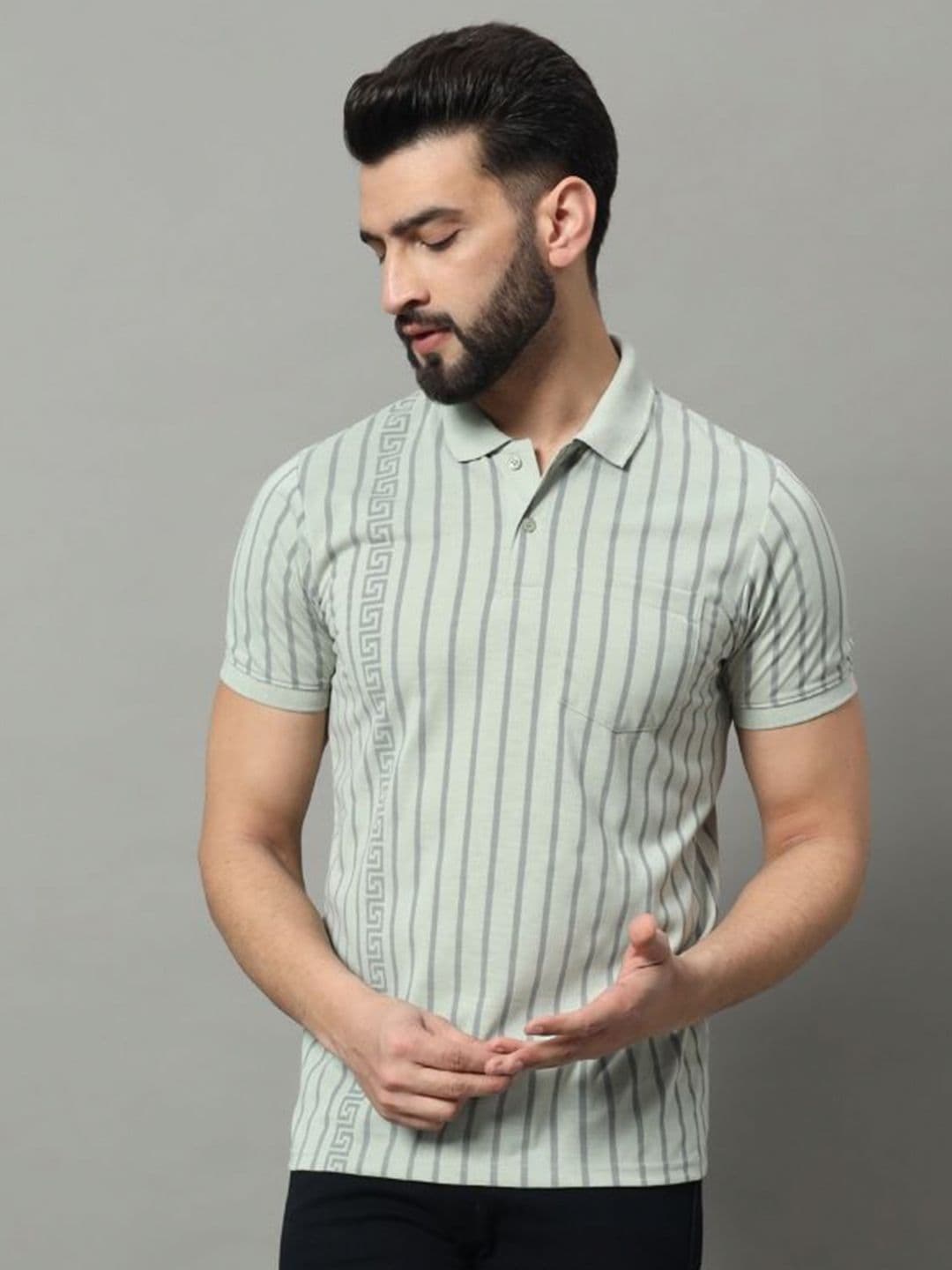 OGEN Men Striped Polo Collar Pockets T-shirt - view 1