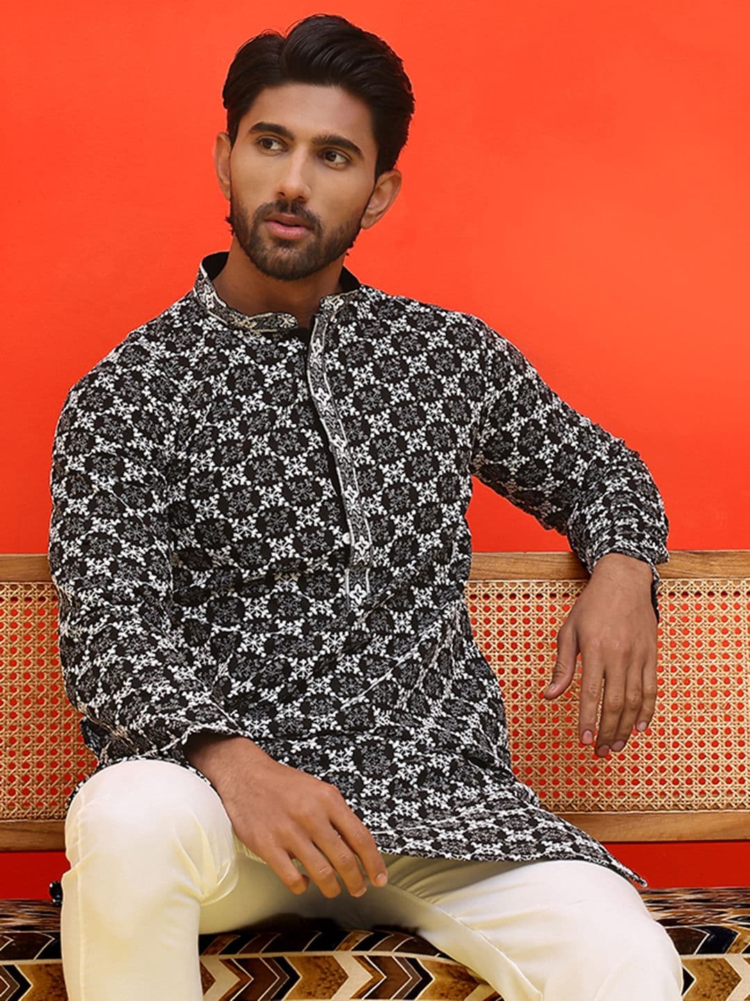 Jompers Floral Embroidered Mandarin Collar Sequinned Straight Kurta - view 1