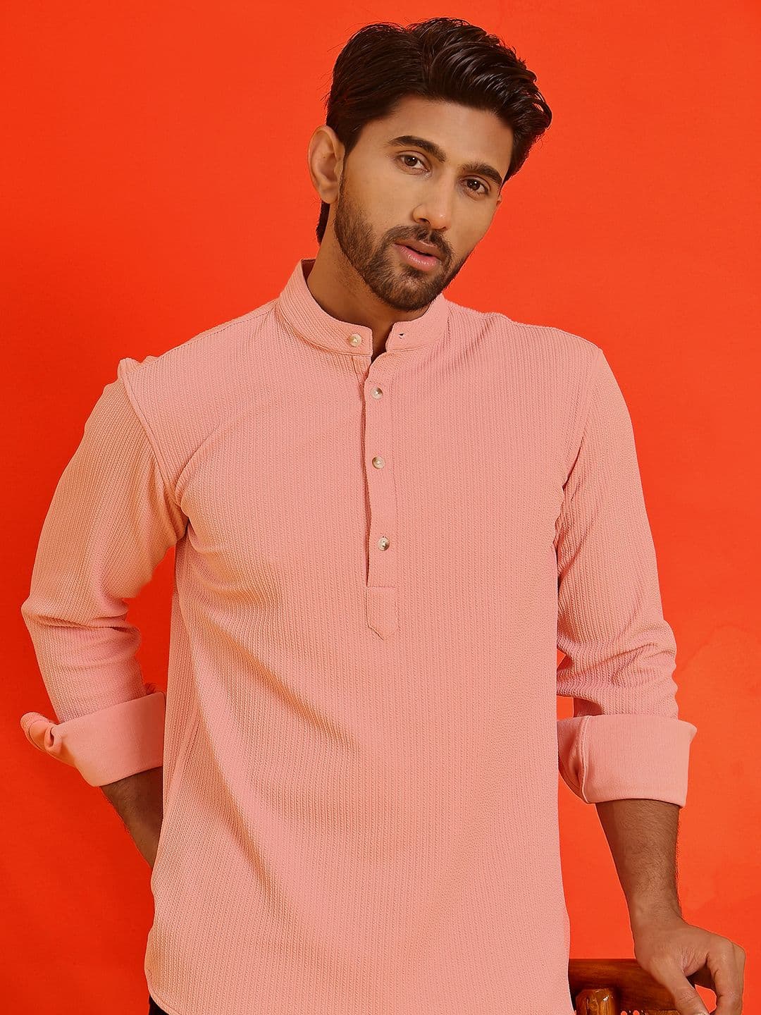 Jompers Striped Band Collar Long Roll-Up Sleeves Straight Kurta - view 1