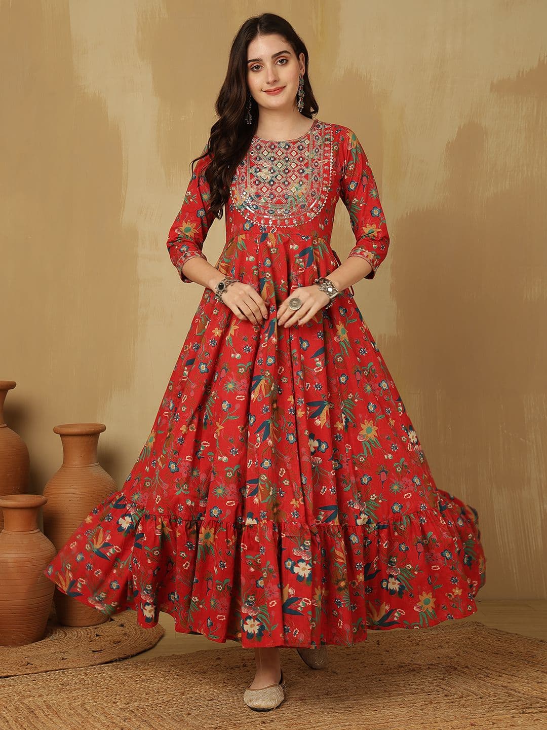 GLAM ROOTS Floral Printed Thread Work Cotton Tiered Anarkali Kurta - view 1