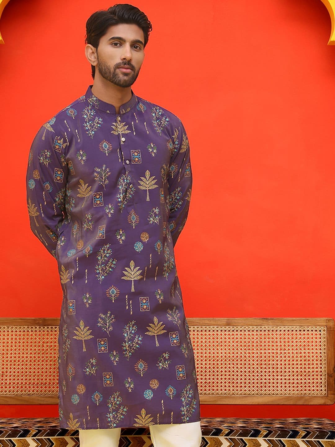 Jompers Floral Printed Mandarin Collar Silk Cotton Straight Kurta - view 1