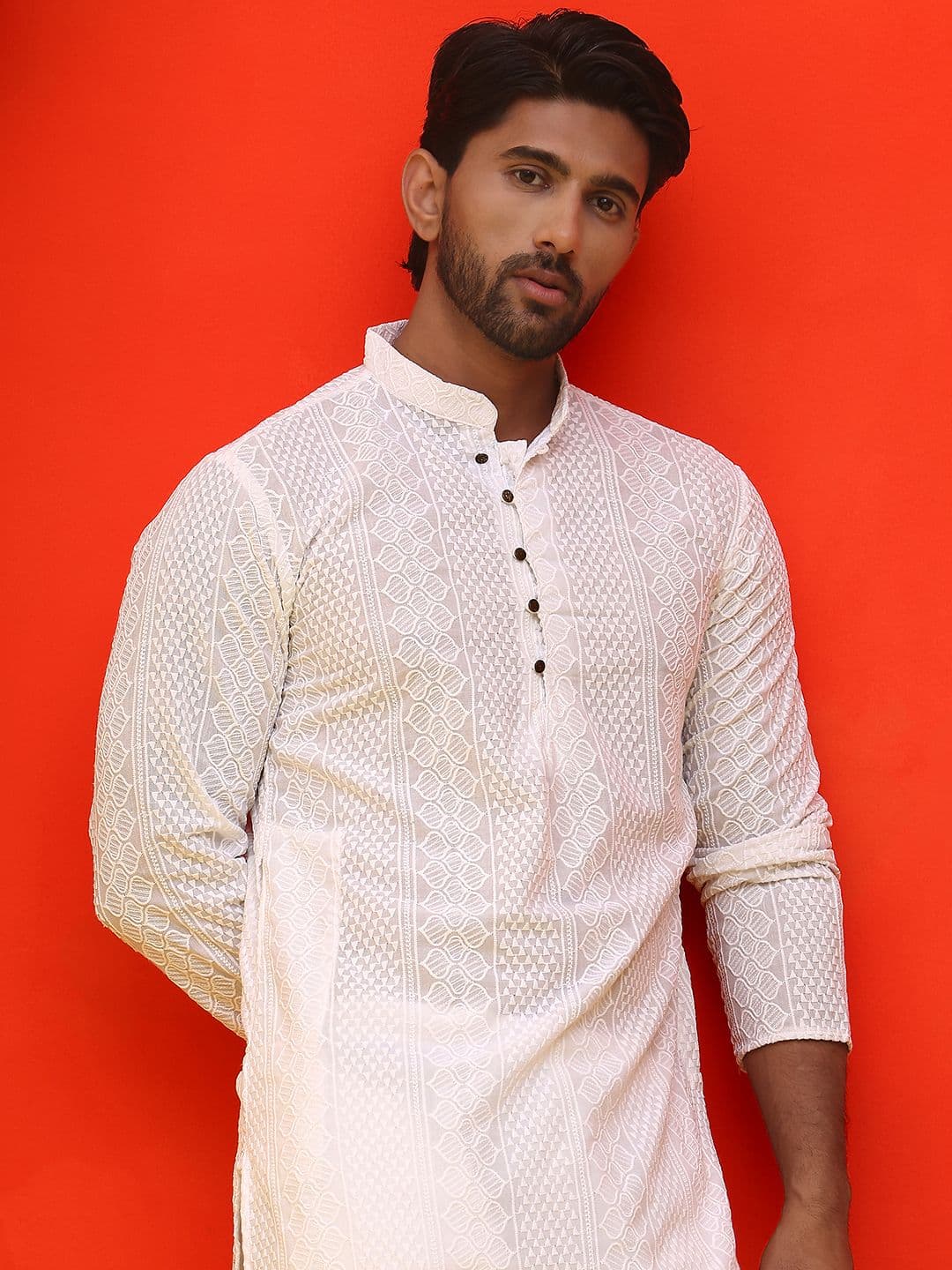 Jompers Geometric Embroidered Mandarin Collar Chikankari Pure Cotton Straight Kurta - view 1