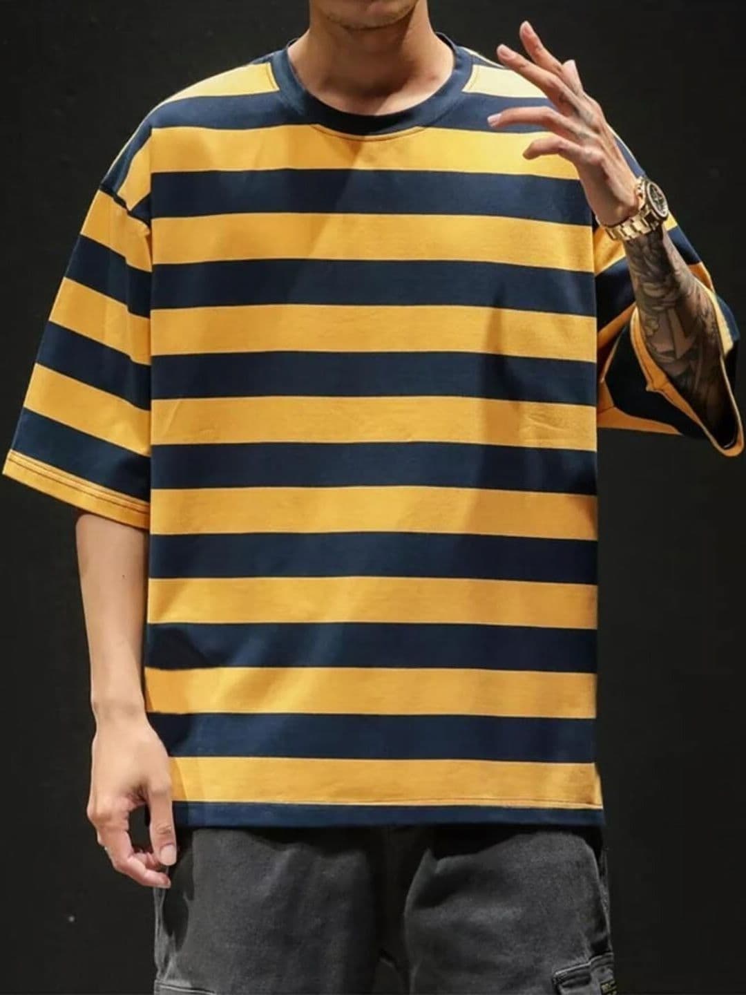 LAUREN ADAMS Men Striped Round Neck Extended Sleeves T-shirt - view 1
