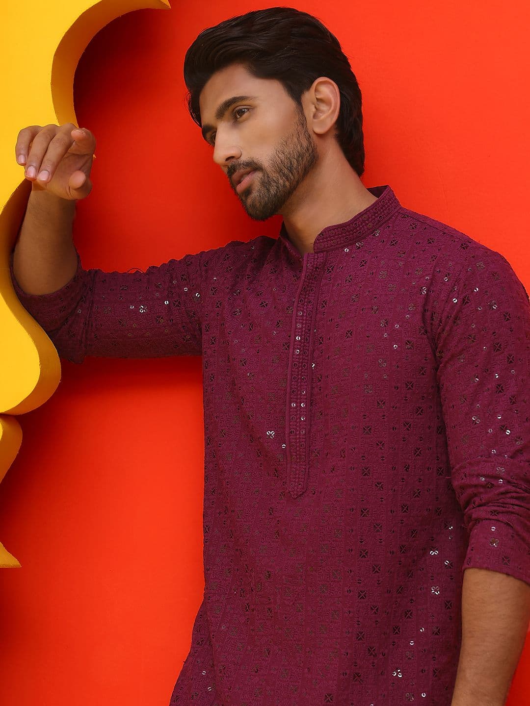 Jompers Geometric Embroidered Mandarin Collar Sequinned Pure Cotton Straight Kurta - view 1