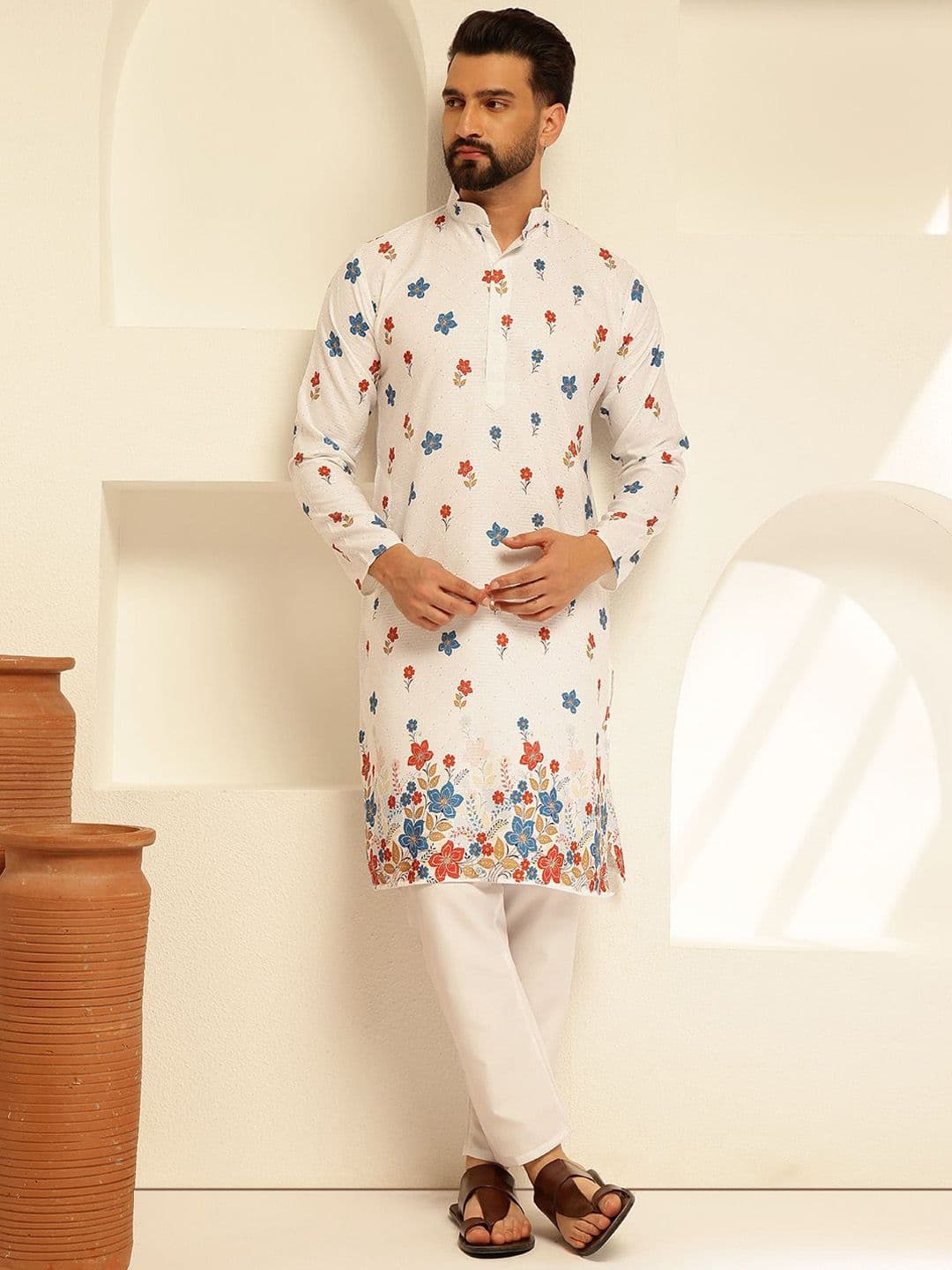 SOJANYA Floral Embroidered Mandarin Collar Thread Work Cotton Straight Republic Day Republic Day Kurta - view 1