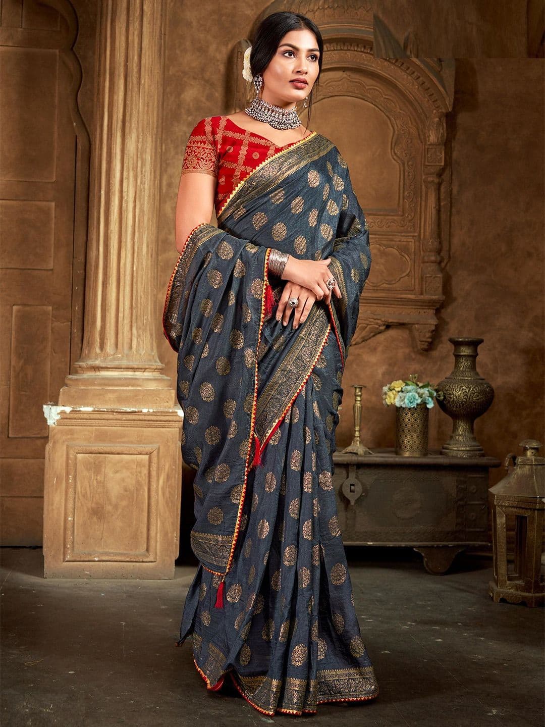 Reboot Fashions Embellished Zari Silk Blend Designer Bhagalpuri Saree - view 1