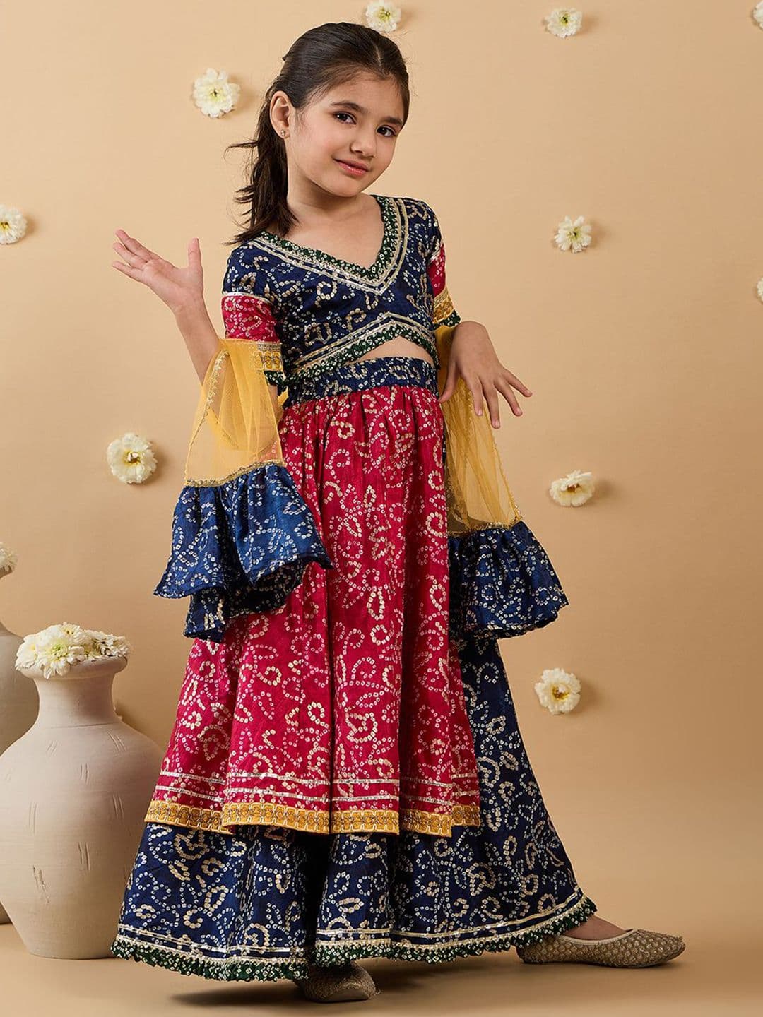 Pspeaches Girls Navy And Magenta Silk Lehenga Choli Dupatta Set - view 1