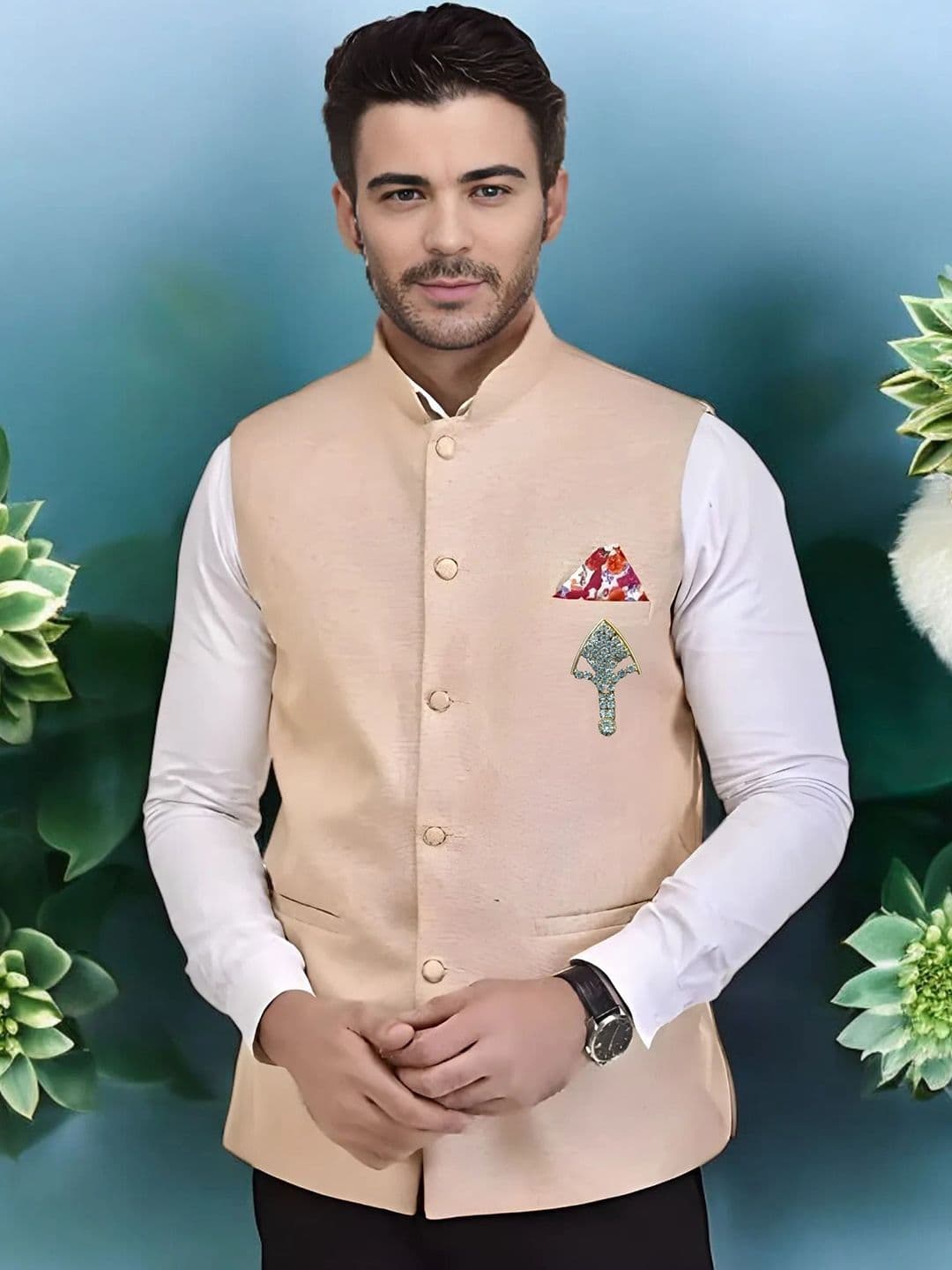 Seetoo Mandarin Collar Woven Nehru Jacket With Broch - view 1