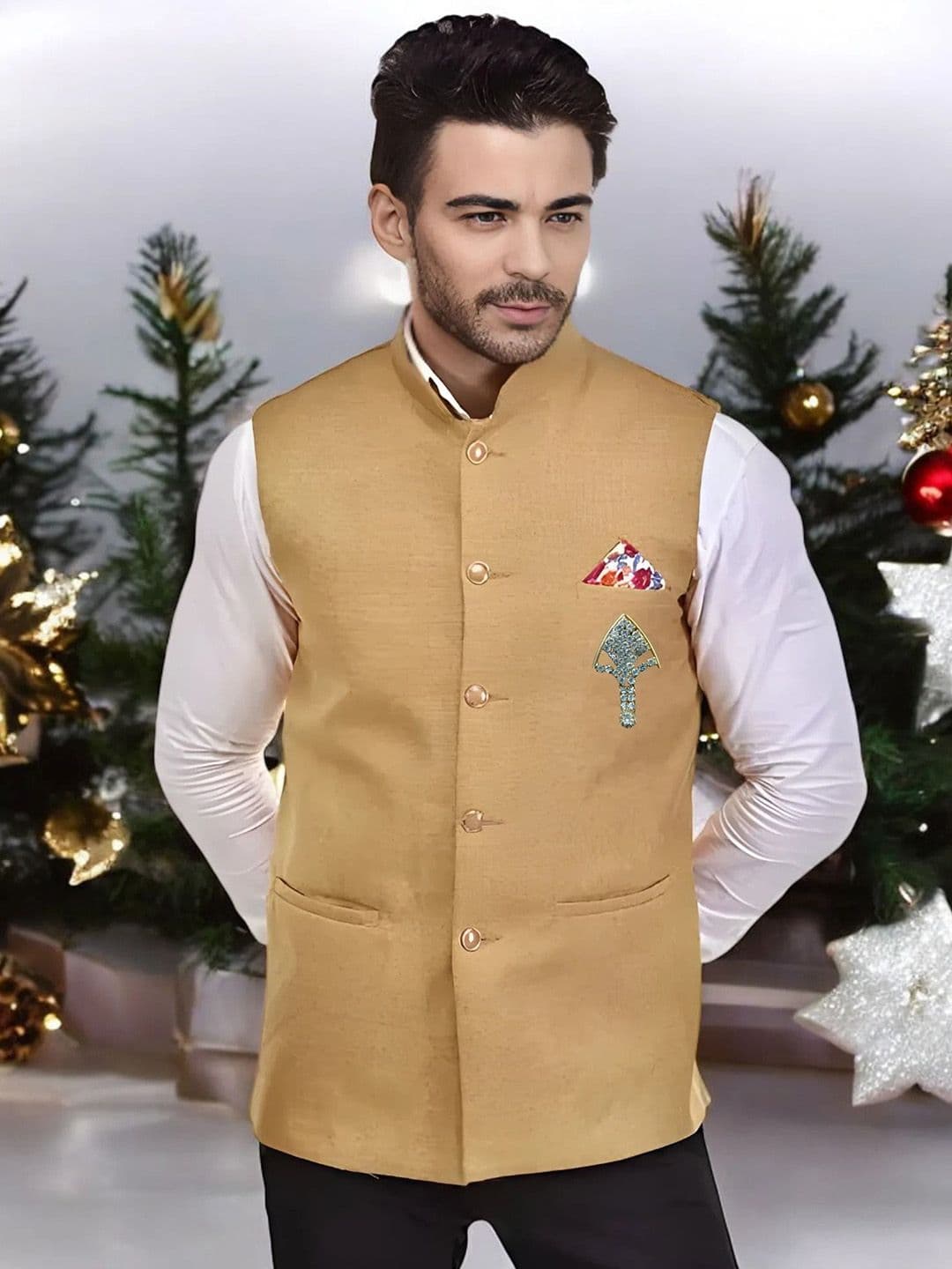 Seetoo Mandarin Collar Woven Nehru Jacket With Broch - view 1