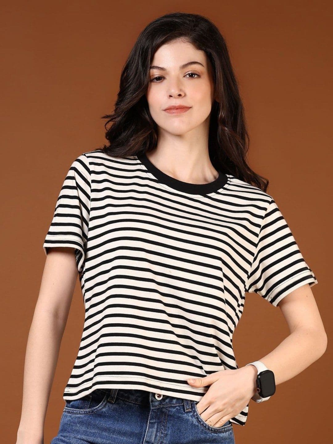 V-Mart Women Striped Drop-Shoulder Sleeves Monochrome Pockets T-shirt - view 1
