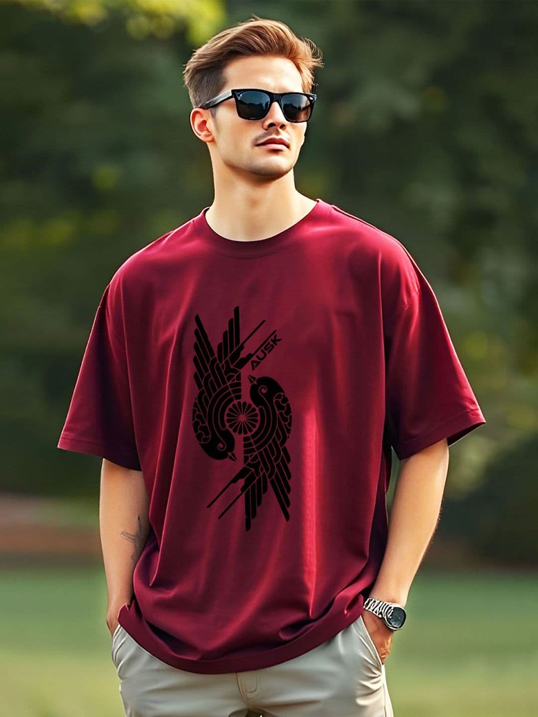 AUSK Men Printed Drop-Shoulder Sleeves Applique T-shirt - view 1