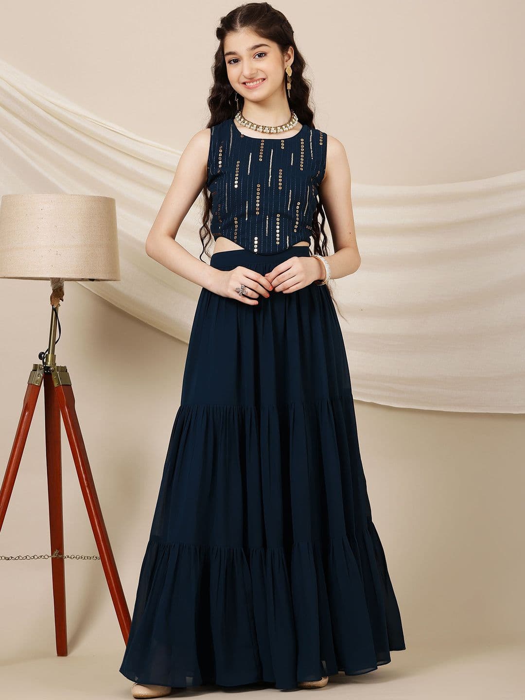 Inddus Girls Embroidered Sequinned Ready to Wear Lehenga & - view 1