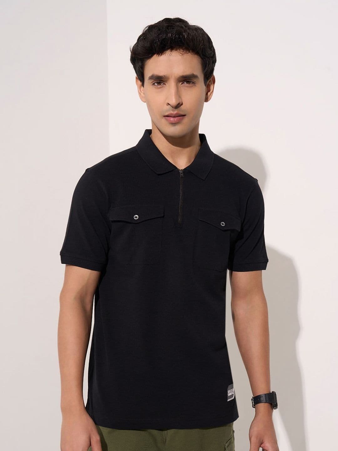 SF JEANS by Pantaloons Men Polo Collar Extended Sleeves Pockets Slim Fit T-shirt - view 1