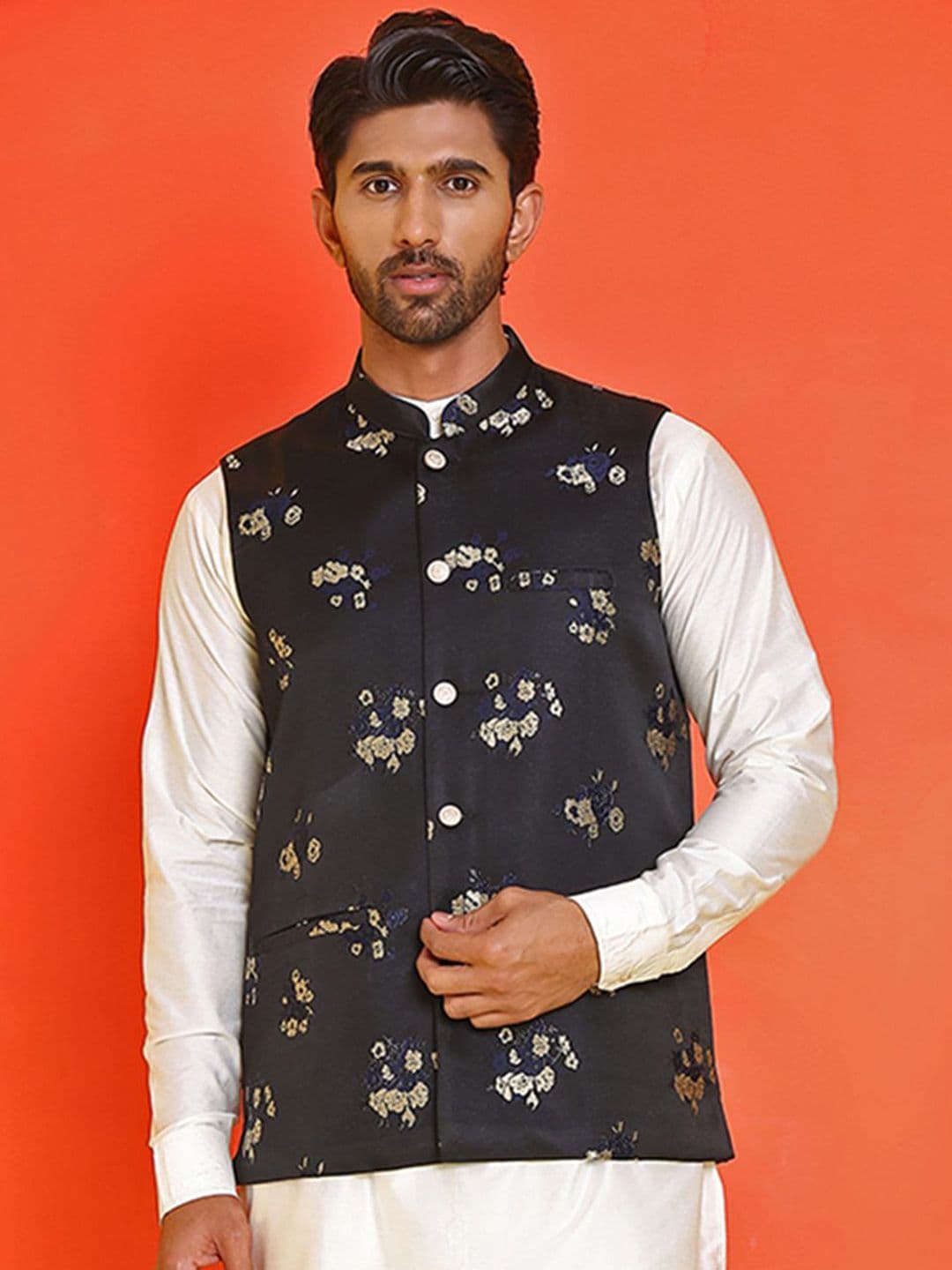 Jompers Embossed design Mandarin Collar Nehrujacket - view 1