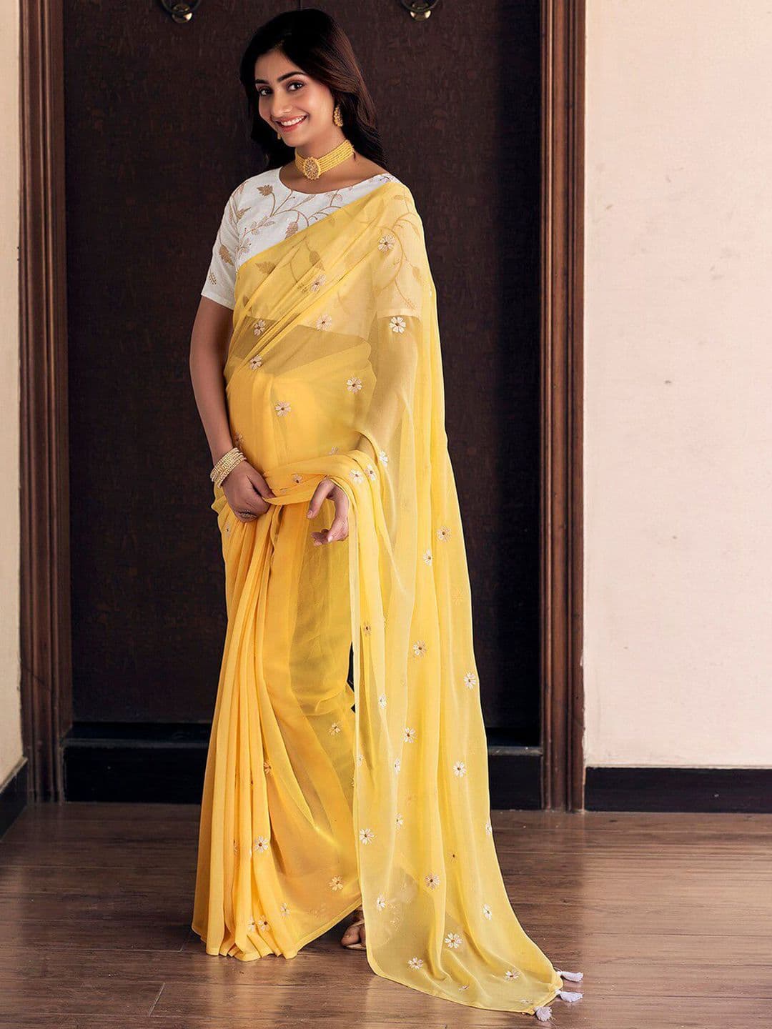 DIVASTRI Floral Embroidered Pure Georgette Dabu Saree - view 1