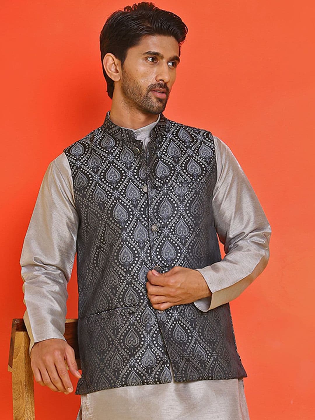 Jompers Woven design Mandarin Collar Nehrujacket - view 1