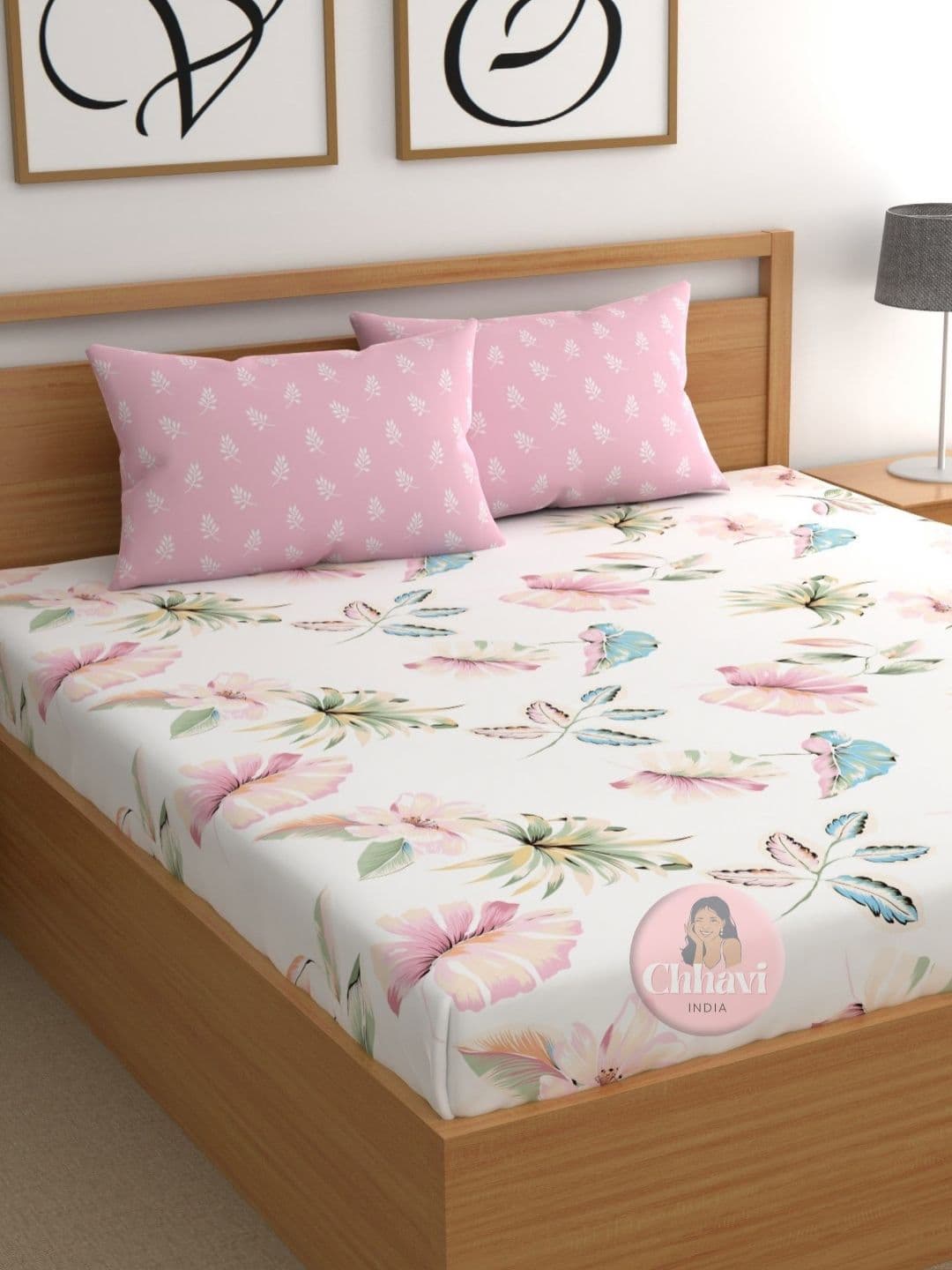 CHHAVI INDIA White Floral Polycotton Shrink Resistant 210 TC King Fine Bedsheet with 2 Pillow Covers-98 x 89 inches - view 1