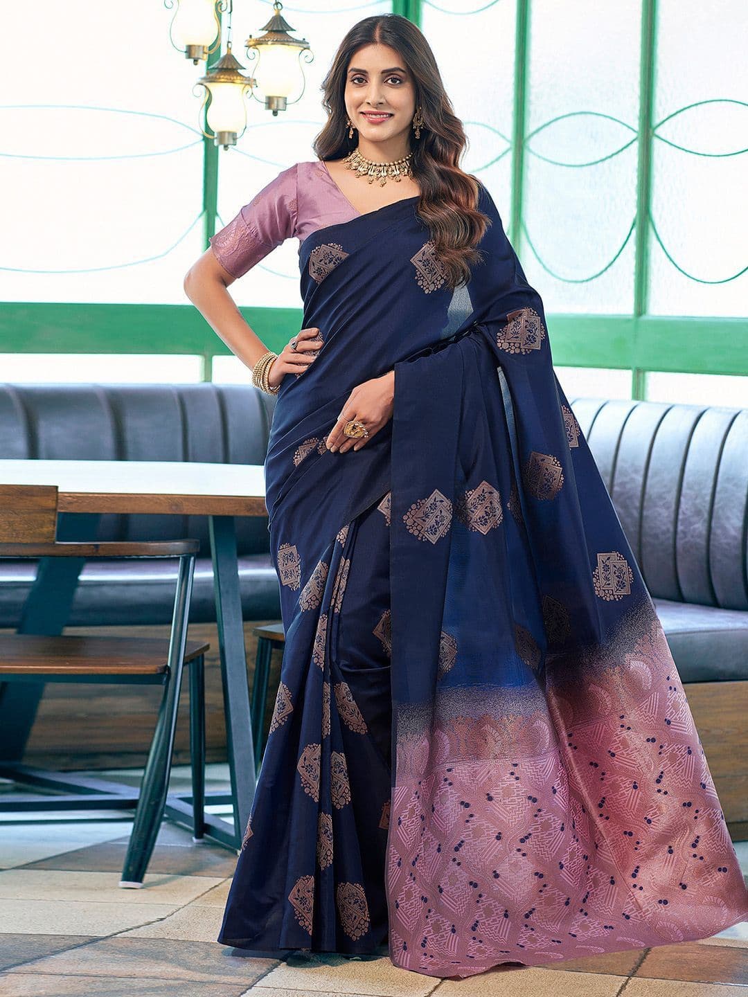 DIVASTRI Ethnic Motifs Zari Silk Blend Banarasi Saree - view 1