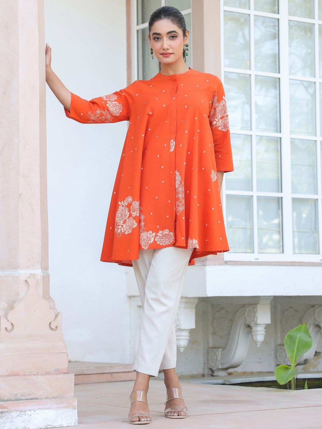 Janasya Women's Orange Pure Cotton Floral Printed Flared Tunic - view 1