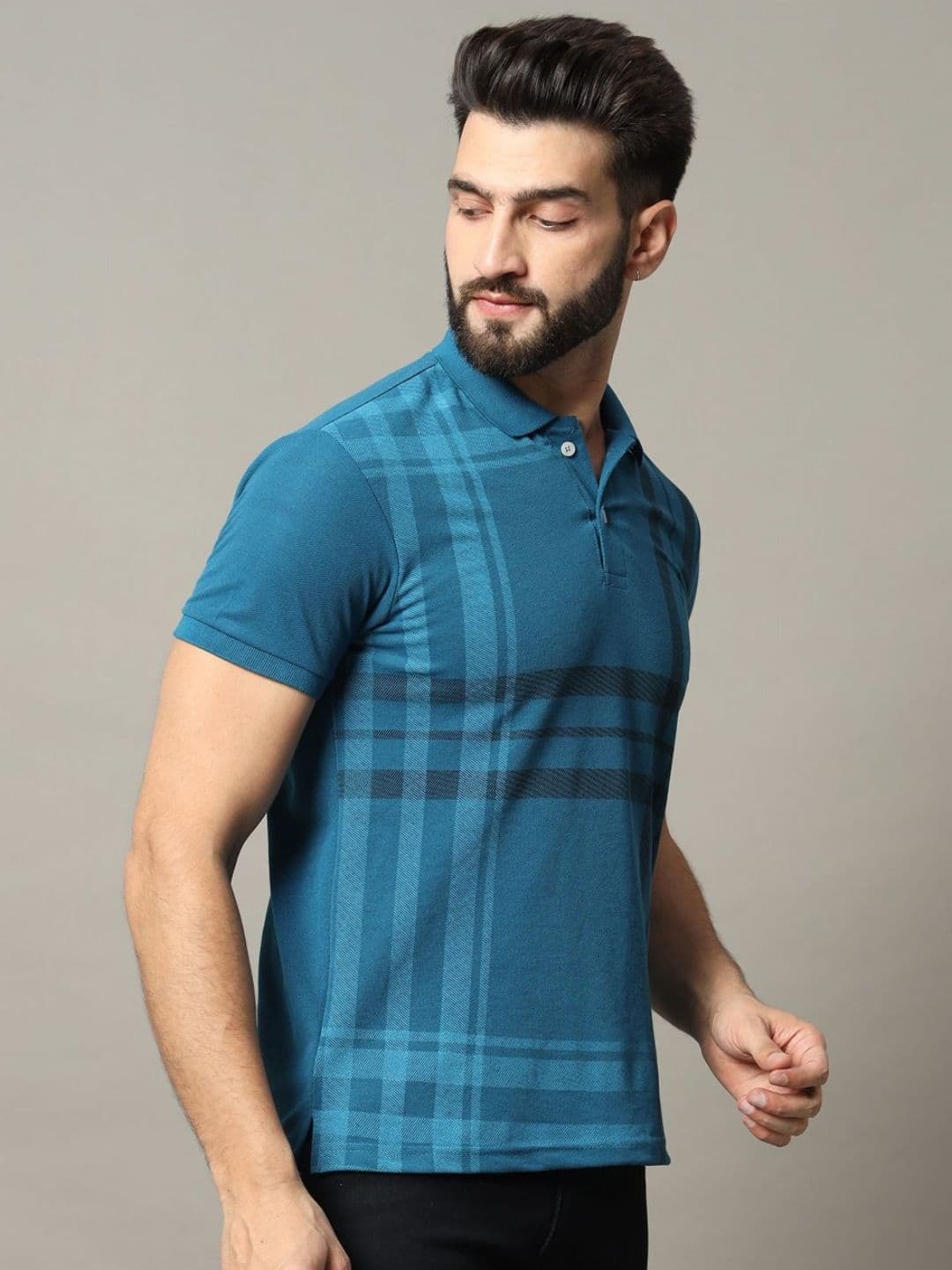 RELANE Men Checked Polo Collar Cotton Slim Fit T-shirt - view 1