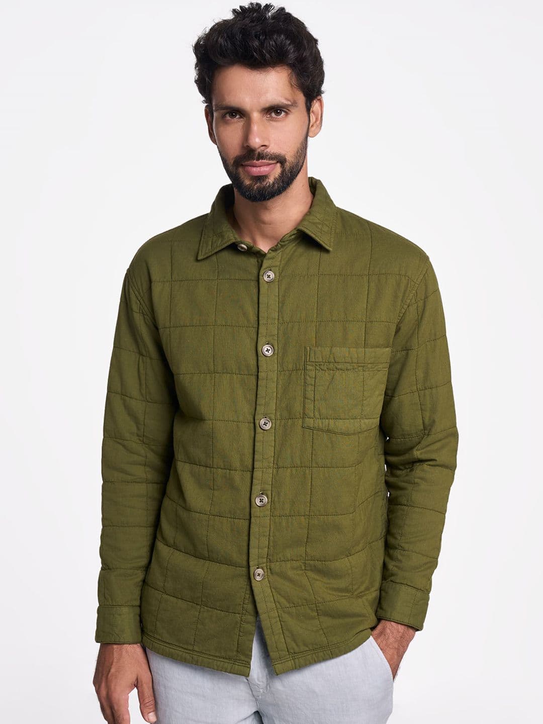 Terra Luna Men Spread Collar Solid Cotton Casual Tailored Jacket - view 1