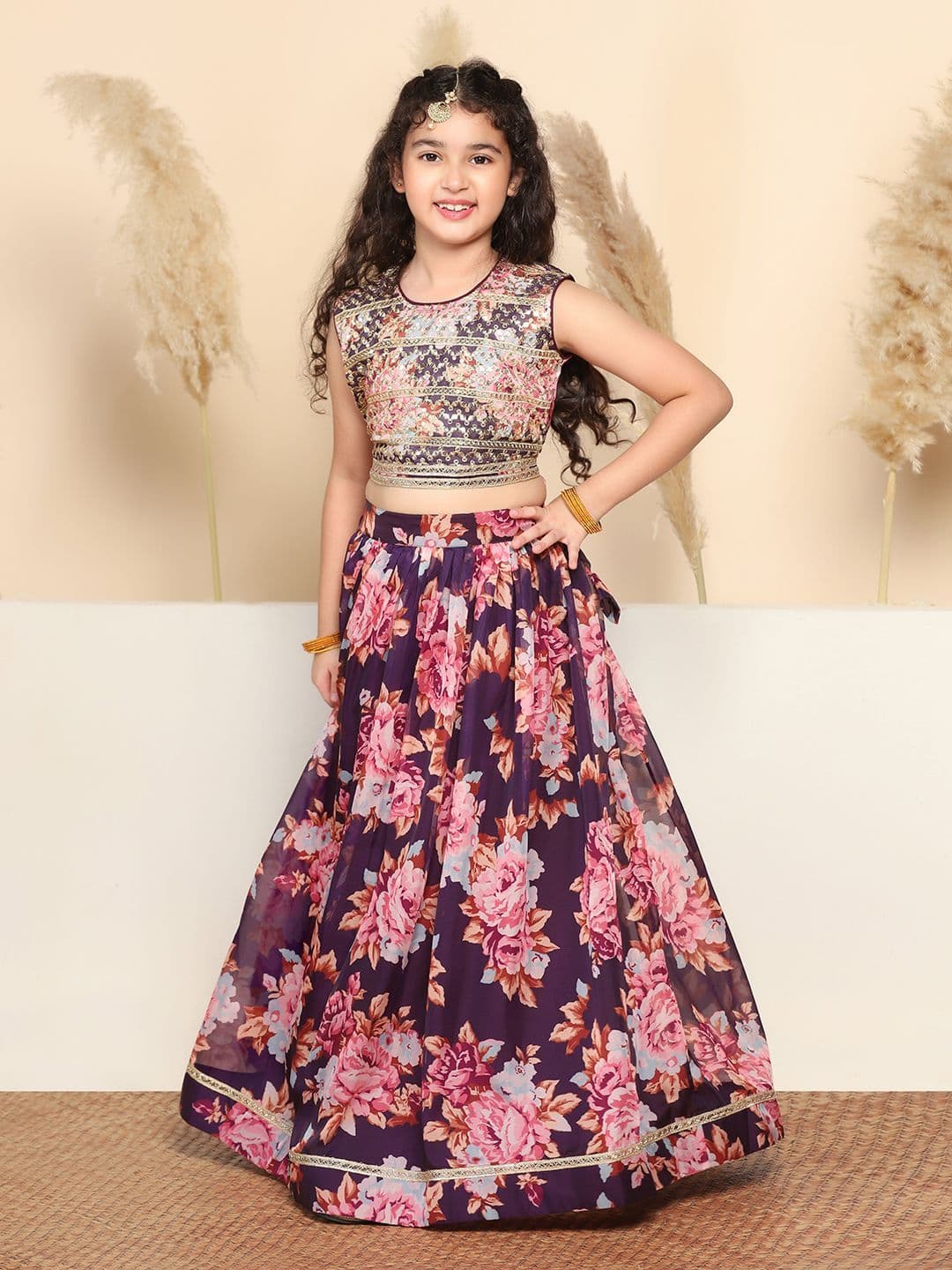 Sangria Girls Floral Embroidered Sequinned Lehenga With Choli - view 1