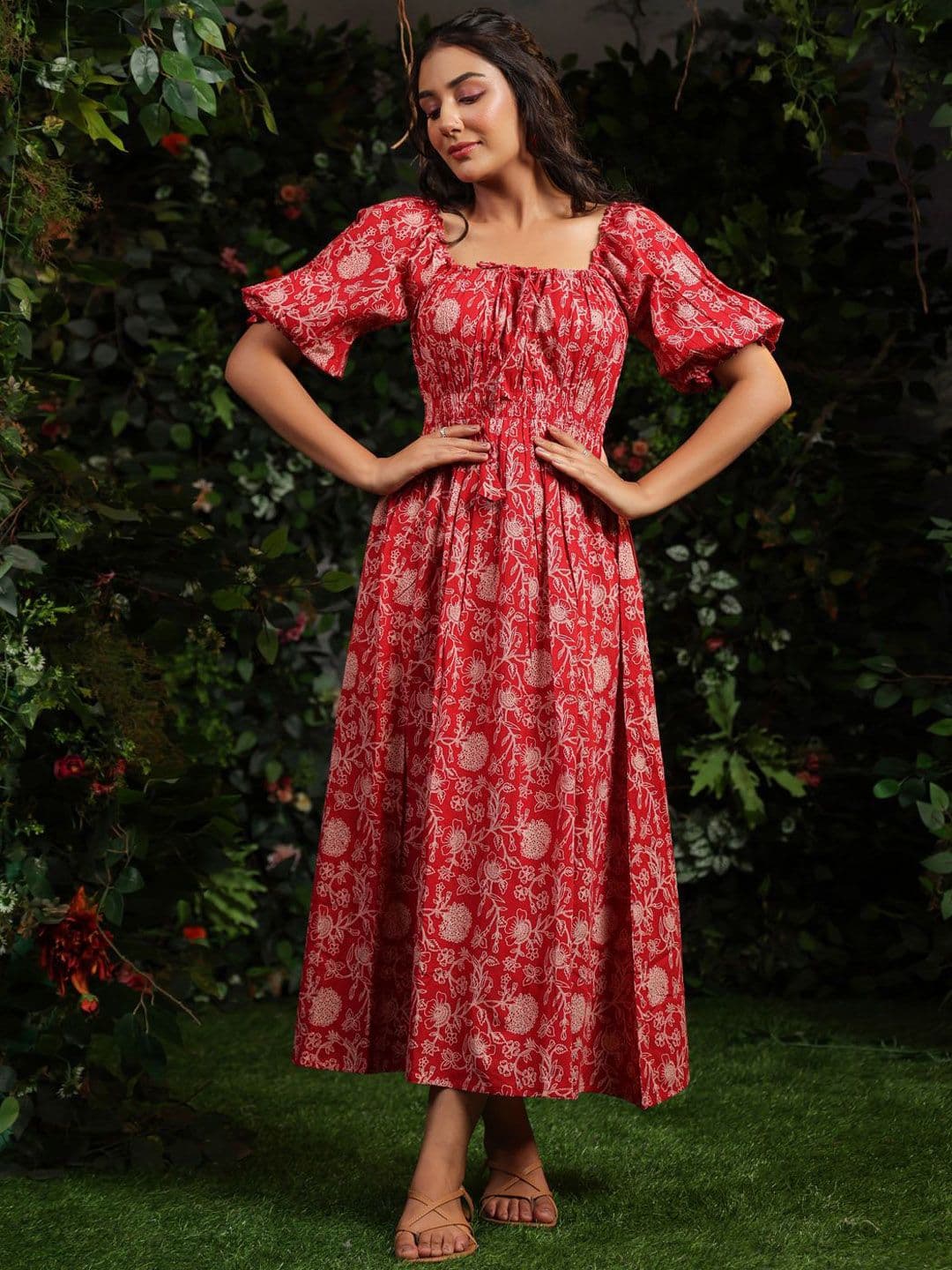 Anayna Floral Printed Cotton Tie-Ups Detail Maxi Ethnic Dress - view 1