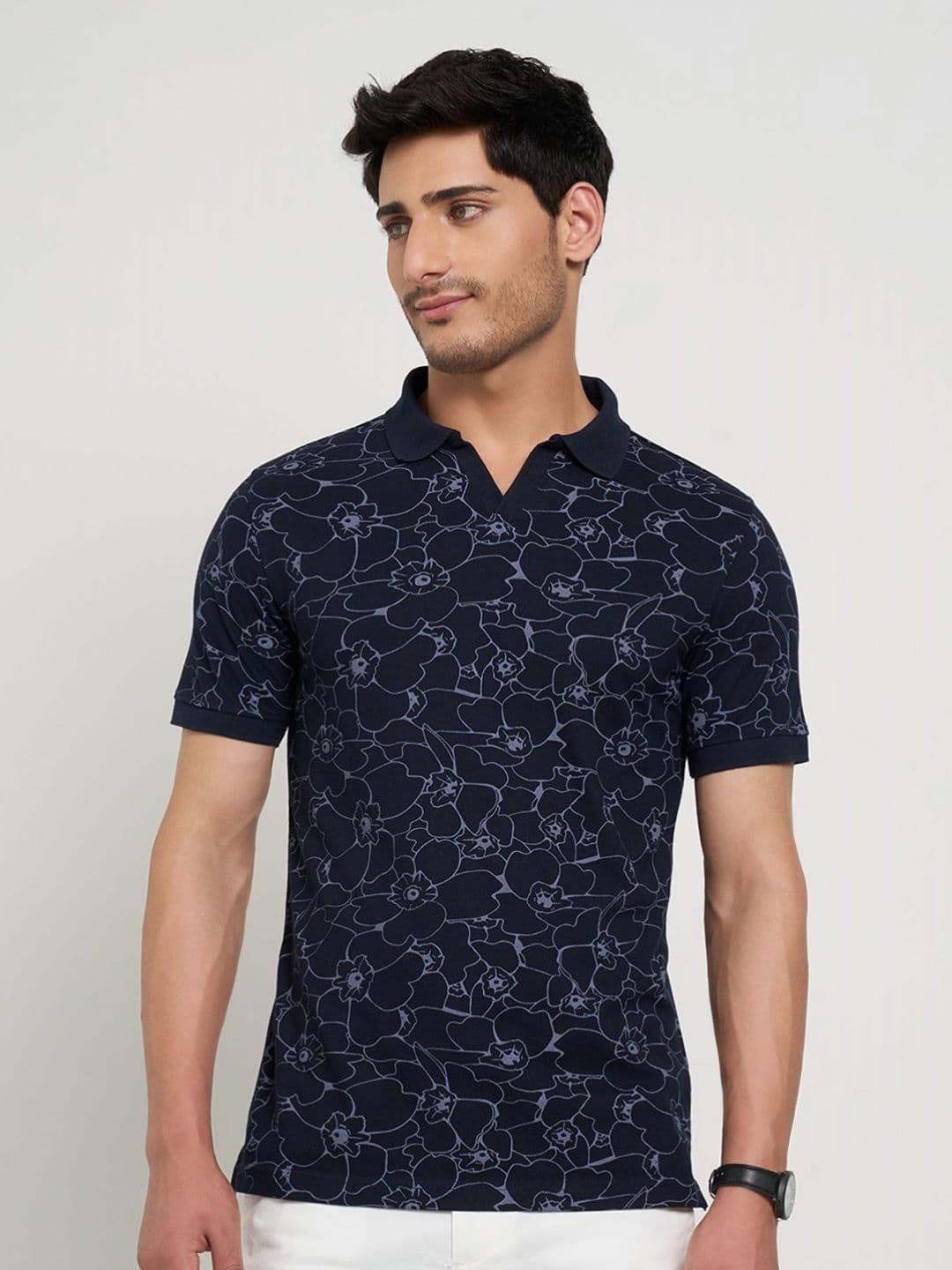 Peregrine by Pantaloons Men Floral Printed Polo Collar Cotton Slim Fit T-shirt - view 1
