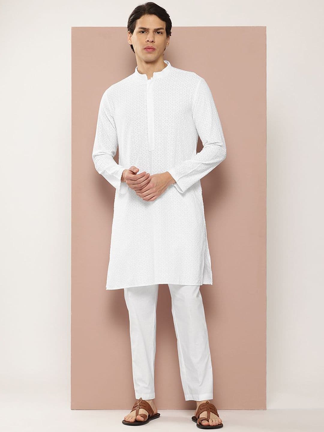 See Designs Striped Embroidered Sequinned Mandarin Collar Chanderi Silk Straight Kurta - view 1
