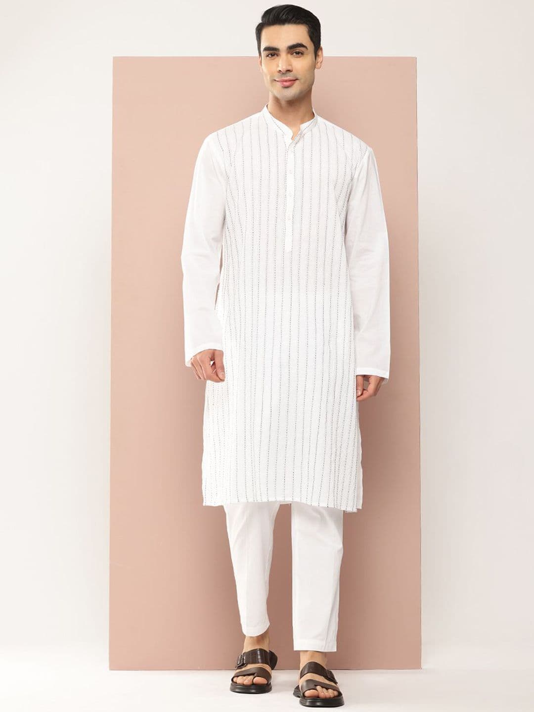 See Designs Men Mandarin Collar Striped Embroidered Kantha Work Pure Cotton Straight Kurta - view 1