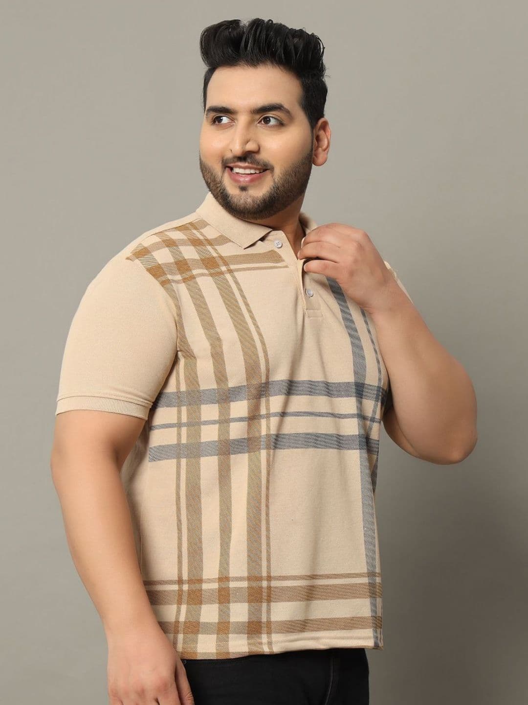 RELANE Men BIGPOLO117 Plus Size Checked Polo Collar Cotton T-shirt - view 1