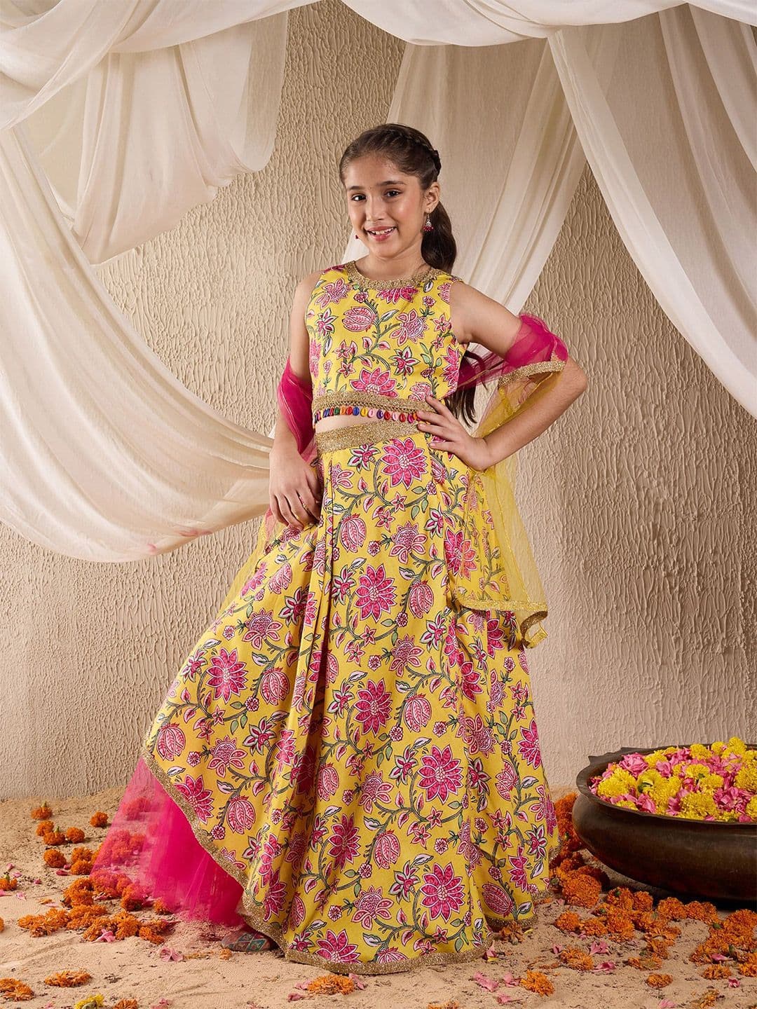 pspeaches Girls Printed Gotta Patti Cotton Ready to Wear Lehenga & Blouse With Dupatta - view 1