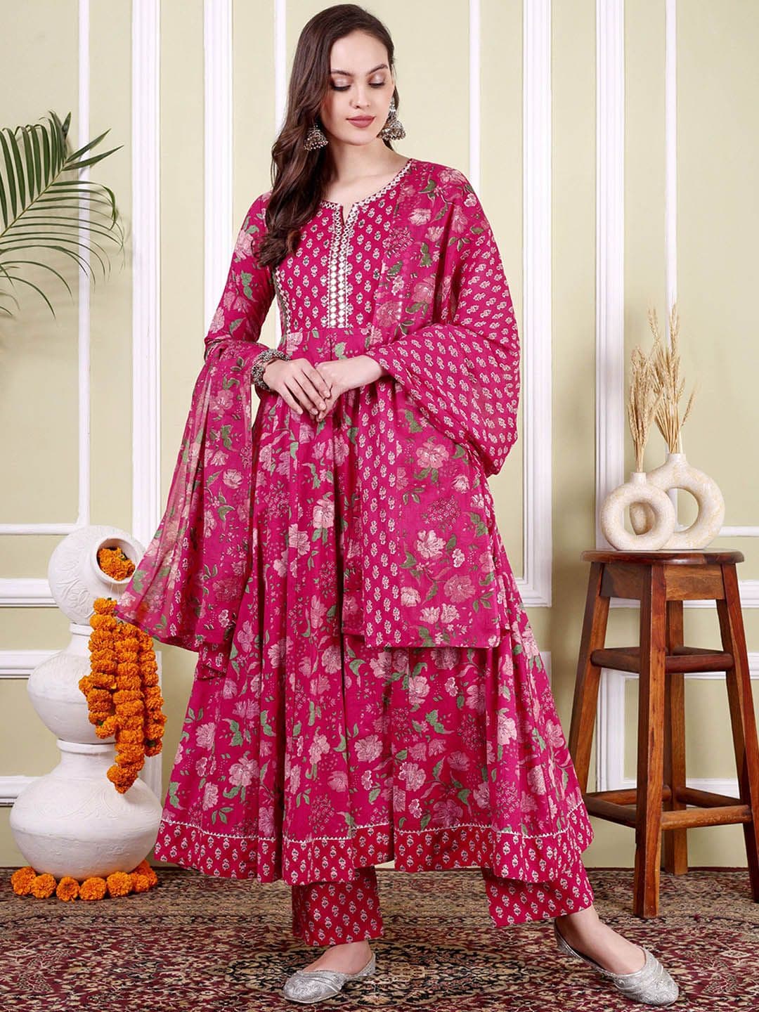 TARANJAL Floral Printed Notch Neck Pure Cotton Anarkali Kurta With Trousers & Dupatta - view 1