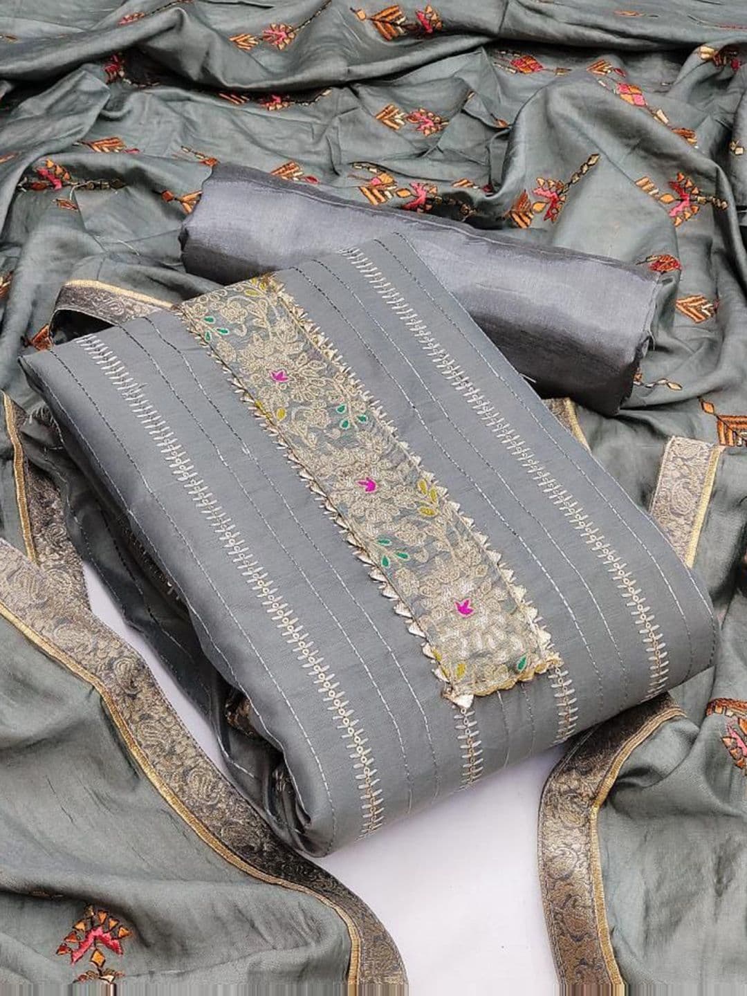 KALINI Floral Embroidered Sequinned Chanderi Silk Unstitched Dress Material - view 1
