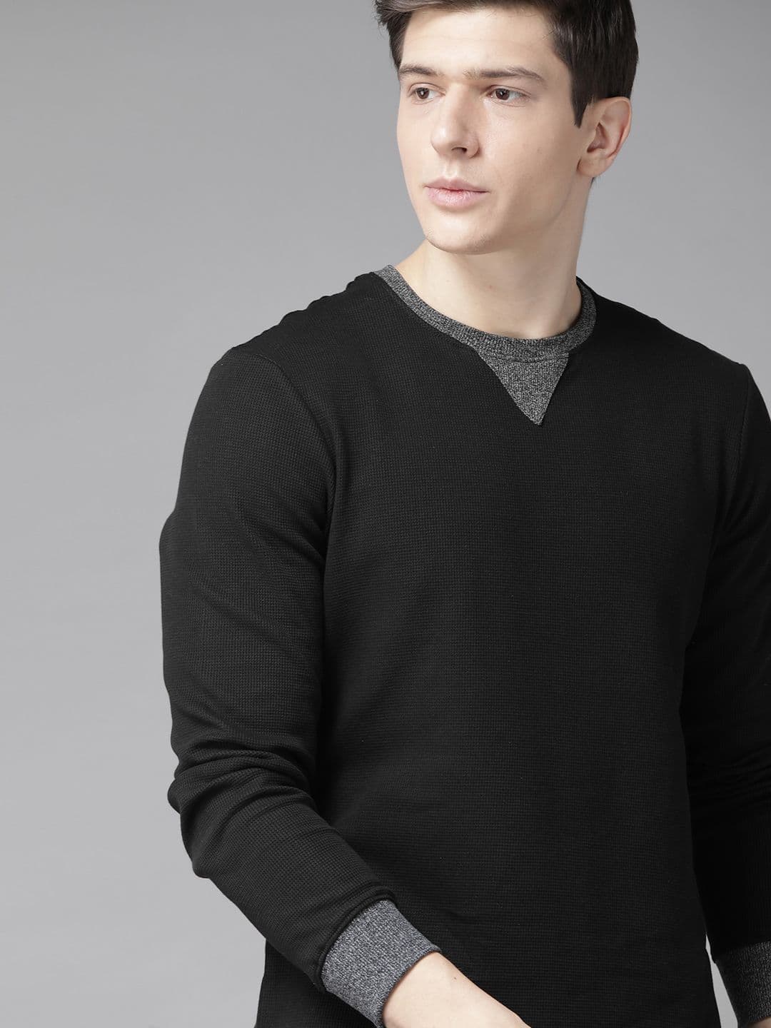 Roadster Men Black Self-Design Round Neck Pure Cotton T-shirt - view 1