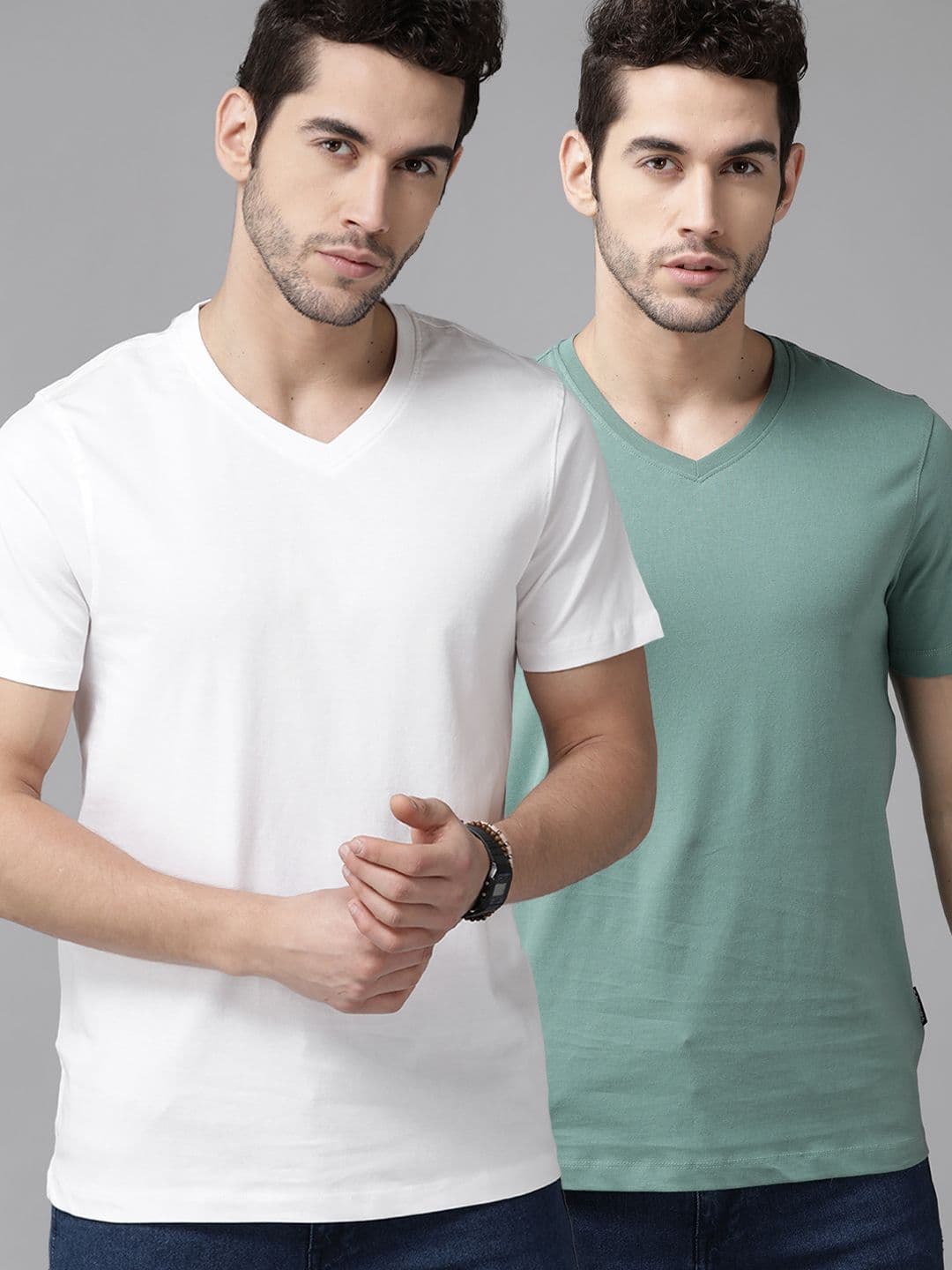 The Roadster Lifestyle Co Men Pack of 2 Pure Cotton Solid V-Neck Pure Cotton T-shirt - view 1