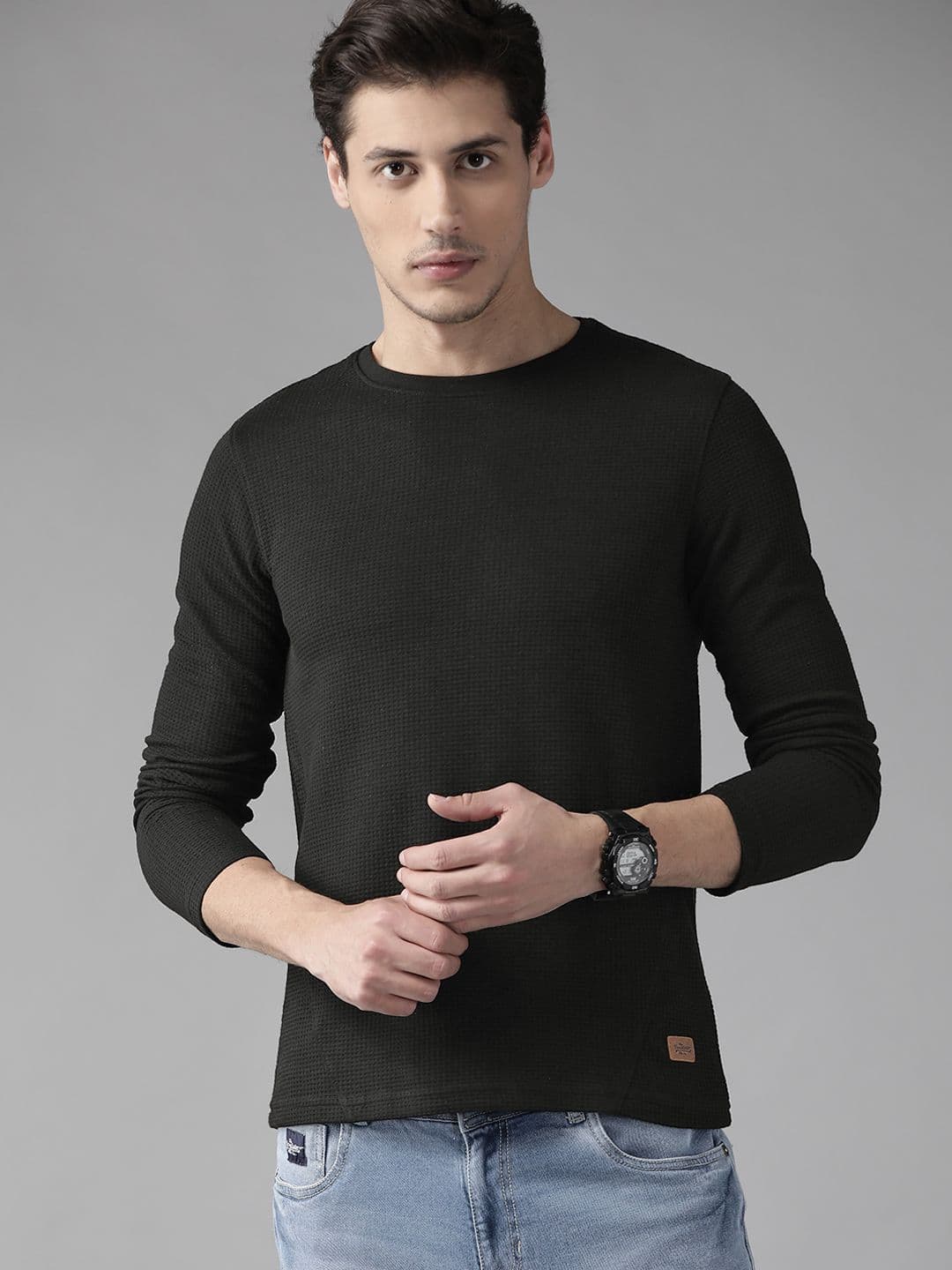 The Roadster Lifestyle Co Men Black Waffle Texture T-shirt - view 1