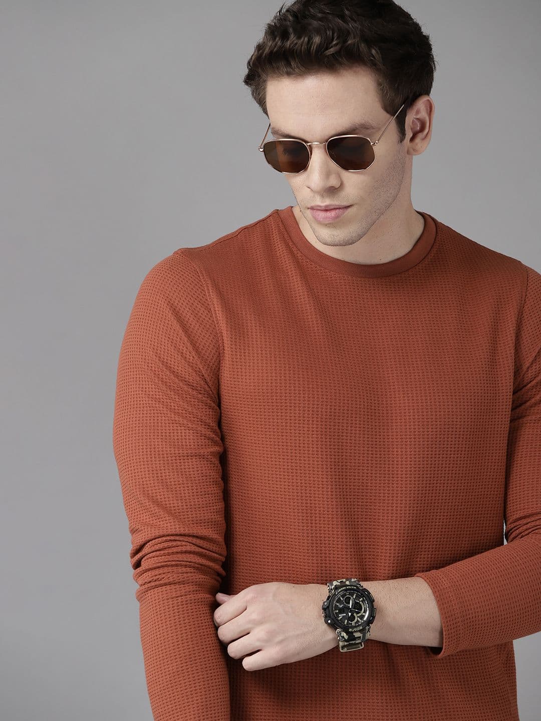 Roadster Men Rust Orange Checked Waffle Weave T-shirt - view 1