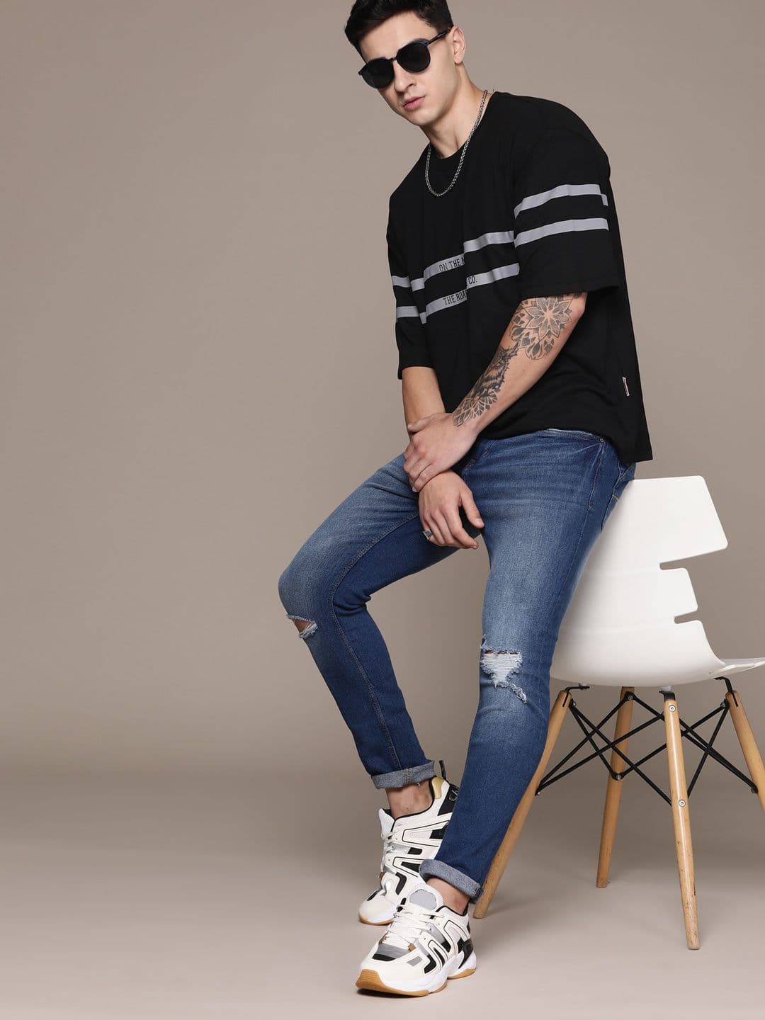 The Roadster Lifestyle Co. Oversized Fit Striped Drop-Shoulder Sleeves Pure Cotton T-shirt - view 1
