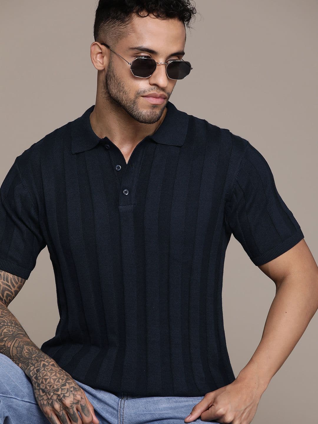 The Roadster Lifestyle Co. Ribbed Pure Cotton Polo Collar T-shirt - view 1