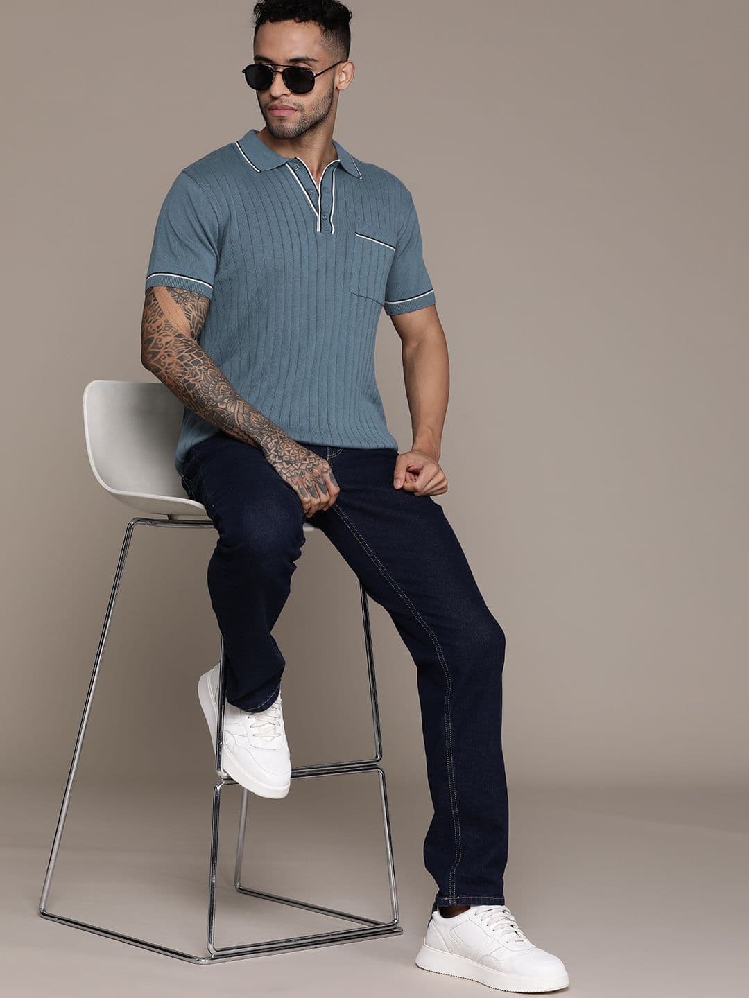 The Roadster Lifestyle Co. Ribbed Pure Cotton Polo Collar T-shirt - view 1