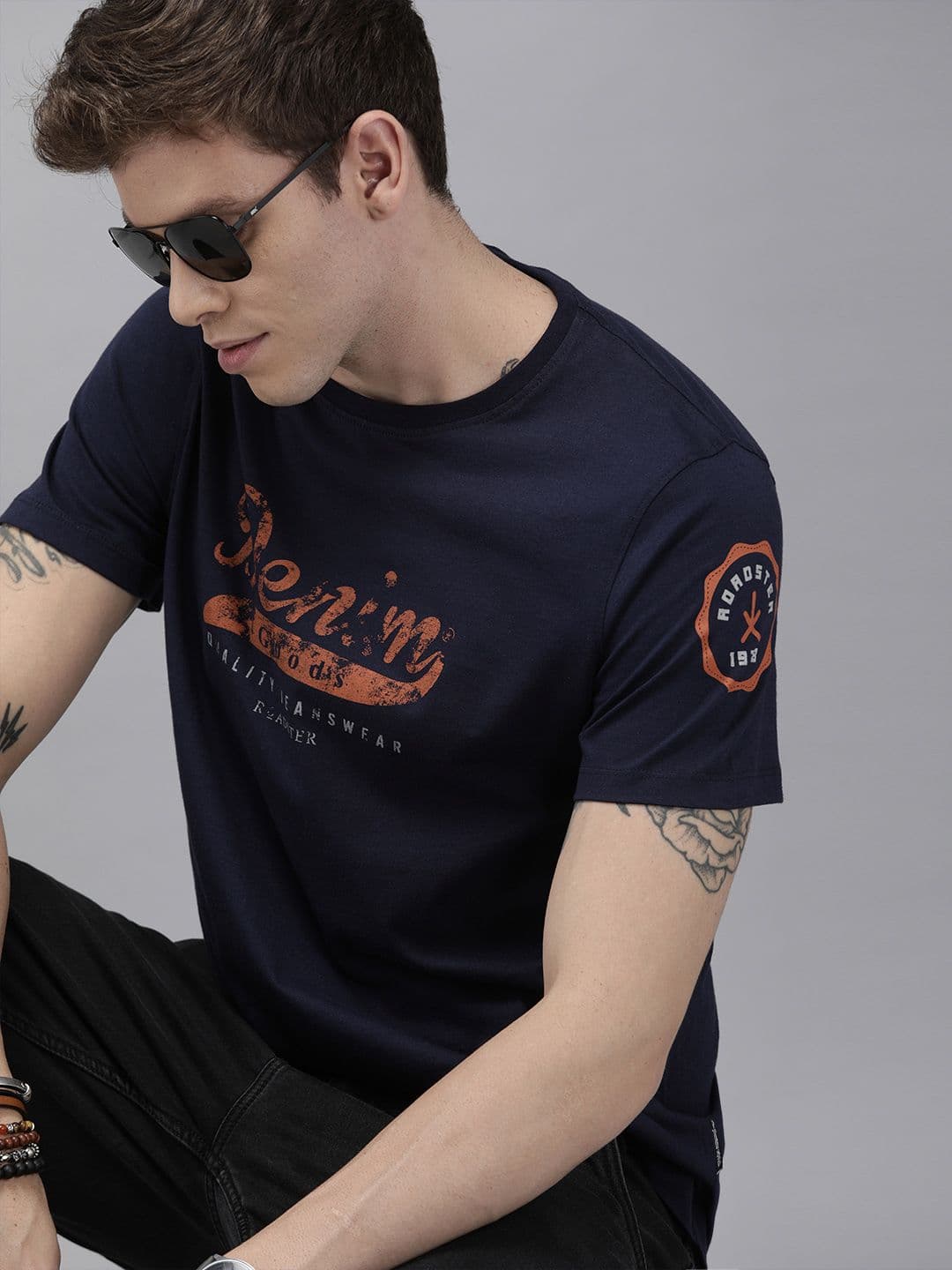 Roadster Men Navy Blue Printed Round Neck Cotton T-shirt - view 1