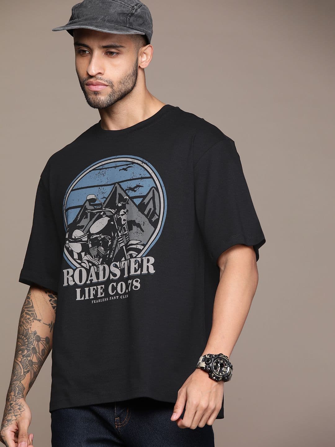 The Roadster Lifestyle Co. Brand Logo Printed Drop-Shoulder Sleeves Pure Cotton T-shirt - view 1